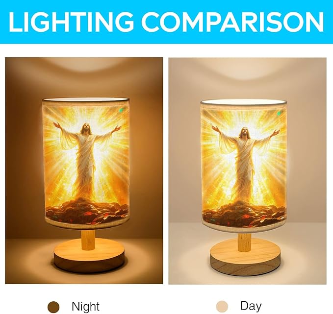 The Resurrection of Jesus Table Lamp LED 3-Color Pressed Bedside, The Resurrection of Jesus Shade Lamp with Wood Base for Bedroom Living Room Desk Office TL01