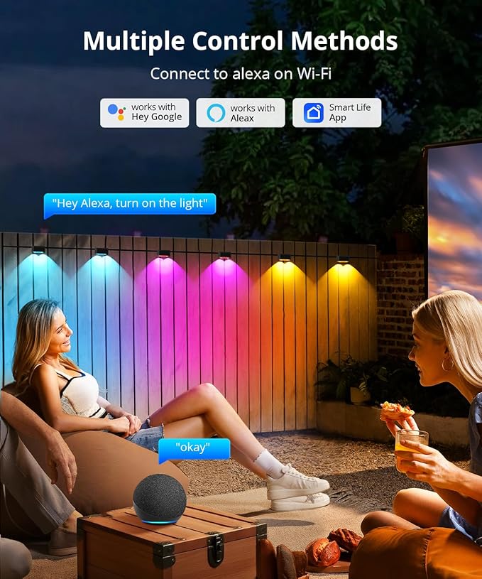Outdoor Deck Lights 8 Packs, Smart RGBCW Fence Light, 100+ Scene Modes, Dual Lens LED String Lights with APP/Voice/Remote Control, IP65 Waterproof for Halloween Christmas Decor, 52ft Black