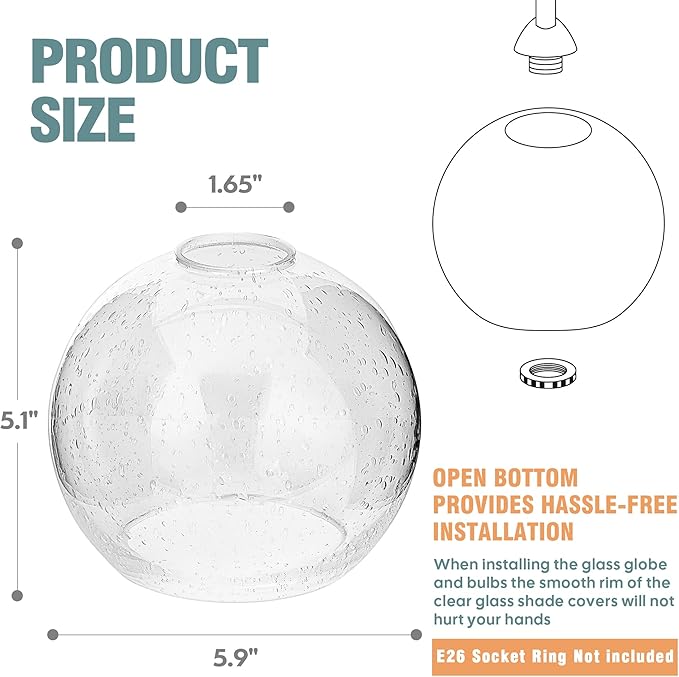 Handblown Clear Seeded Glass Globe Shade – 1.65" Fitter Opening – Replacement Lamp Shade for Pendant Lights, Chandeliers, Wall Sconces, Vanity & Ceiling Fixtures (2 Pack)