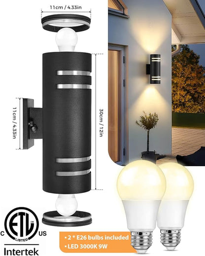 SHIMR Modern Outdoor Wall Lights Dusk to Dawn, Aluminum Outdoor Light Fixture with LED Bulbs, Black Cylinder Outdoor Sconce Up and Down Outside Lights for House Porch Garage, ETL Listed