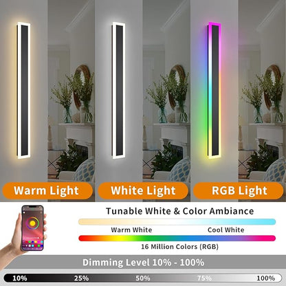 Outdoor RGB Long Wall Lights, 39.4inch 2 Pack RGB/Warm/White Dimmable Modern Led Wall Lighting, Ip65 Waterproof Long Wall Sconce with Remote and APP Control for Outdoor/Indoor