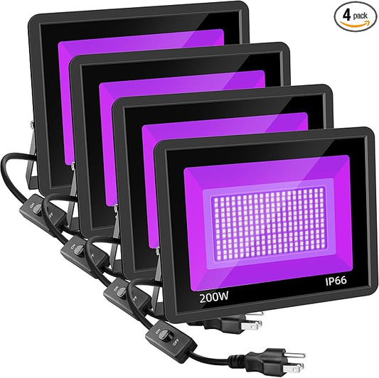 4 Pack 200W LED Black Lights, Blacklight Flood Light with Plug and Switch, IP66 Waterproof Purple Blacklight for Halloween Decor, Glow in The Dark, Body Paint, Neon Glow, Aquarium