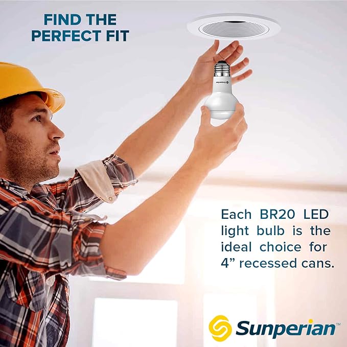 SUNPERIAN BR20 LED Bulb, 6W=50W, 5000K Daylight, 550 Lumens, Dimmable Flood Light Bulbs for Recessed Cans, Enclosed Fixture Rated, Damp Rated, UL Listed, E26 Standard Base (4 Pack)