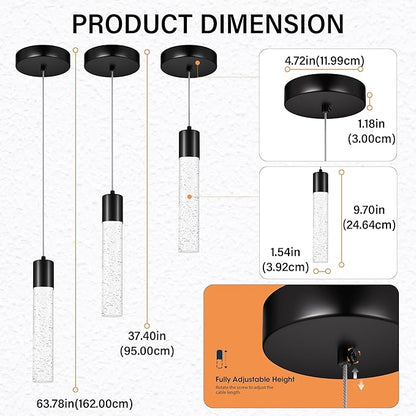Pendant Lights Kitchen Island, 6500K Modern Kitchen Island Lights Brushed Black, 1 Pack Ceiling Lighting Fixtures with Crystal Bubble, Integrated LED Hanging Light for Dining Room Restaurant