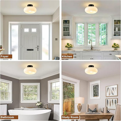 Mid-Century Modern Semi Flush Mount Ceiling Light, Metal Kitchen Light Fixture with Glass Shade,Vintage White and Black Colse to Ceiling Lamp for Entryway Hallway Bathroom (11.0 Inch)