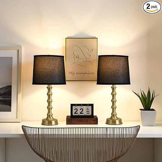 24" Gold Bamboo Table Lamps Set of 2 with Black Shade, Modern Small Nightstand & End Table Lights for Bedroom & Living Room