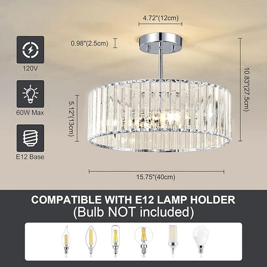 Crystal Chrome Semi Flush Mount Ceiling Light Modern Hallway Light Fixture Metal Close to Lamp for Kitchen Living Room Bathroom Entryway Bedroom(15.75 inch)