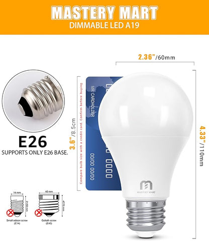 MASTERY MART 24 Pack A19 LED Light Bulbs 60W Equivalent, 9.5W Dimmable, Flicker-Free, 800 Lumens, 2700K Soft White, E26 Base, 10000 Hours, Energy Saving, Bright for Home, Bedroom, Living Room
