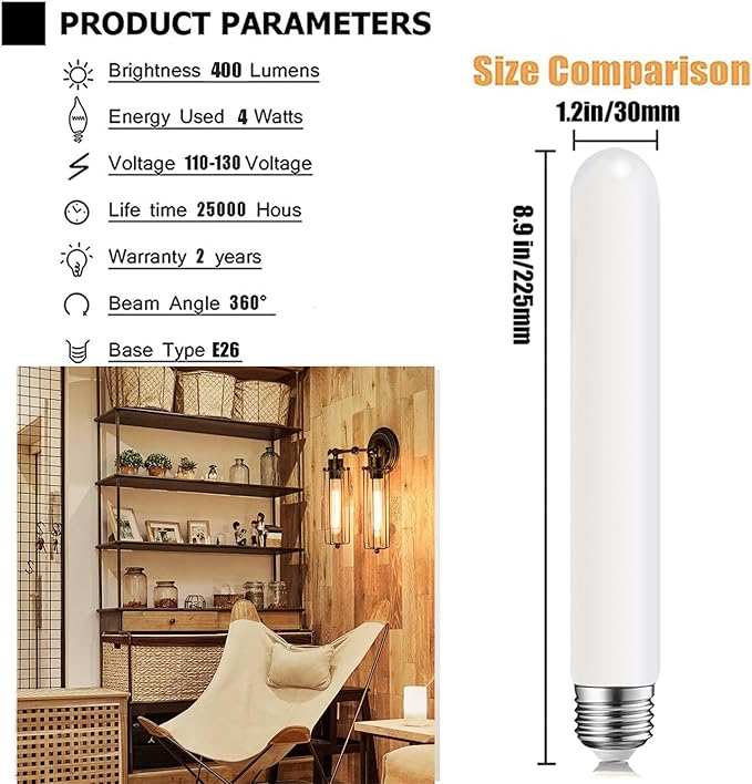 T10 LED Light Bulb 8.9inch E26 Base Matt Opal Porcelain Warm White 2700K Dimmable Edison 4W Led Tubular Bulb,400LM,40 Watt Equivalent,Outside Frosted Glass,for Cabinet Display Cabinet etc,4 Pack.