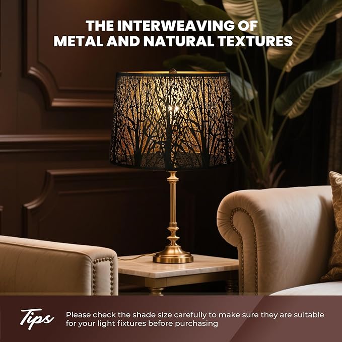 ALUCSET Extra Large Lampshade 14'' Top 16'' Bottom 11'' High Etched Metal Forest Design Metal Lamp Shade For Floor Lamps in Living Room, Bedroom, Decor, Spider Fitter, Antique Bronze and Gold Plated