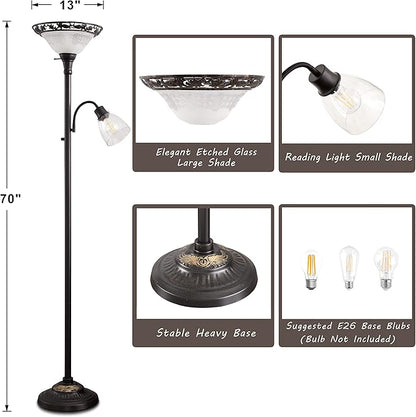 Floor Lamps for Living Room, 70" Floor Lamp Standing Torchiere Lamp with Etched Glass Shade, Metal Pole & Heavy Base, Vintage Tall Corner Lamp Decor for Bedroom, Living Room, Office. No Bulbs (2 Head)