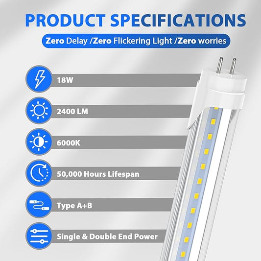 CNSUNWAY T8 LED Bulbs 4 Foot, Hybrid Type A+B Light Tube, 18W 2400LM 6000K, Plug & Play or Ballast Bypass, Single-Ended or Double-Ended, T8 T10 T12 Fluorescent Light Bulbs Replacement, ETL (25 Pack)