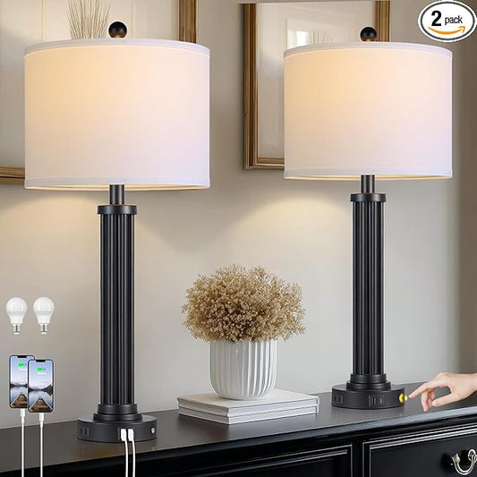 28" Tall Modern Table Lamps Set of 2 with USB C+A Ports and AC Outlet, 3 Way Touch Metal Bedside Lamps for Living Room, Black Nightstand Lamps for Bedroom