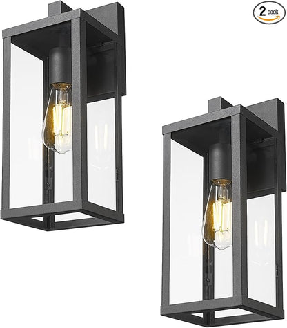 Outdoor Wall Light with Clear Glass, Anti-Rust Exterior Wall Sconce, Weather Resistant Outdoor Lantern, Exterior Lighting for Porch, Patio, Garage, Entryway (Black, 15.5" Height-2 Pack)