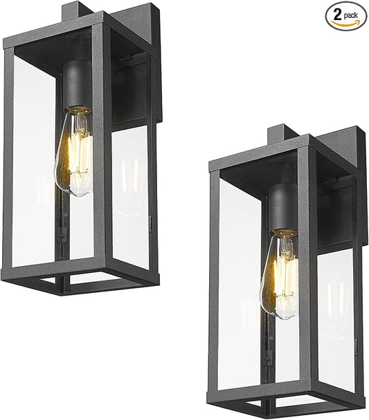 Outdoor Wall Light with Clear Glass, Anti-Rust Exterior Wall Sconce, Weather Resistant Outdoor Lantern, Exterior Lighting for Porch, Patio, Garage, Entryway (Black, 15.5" Height-2 Pack)