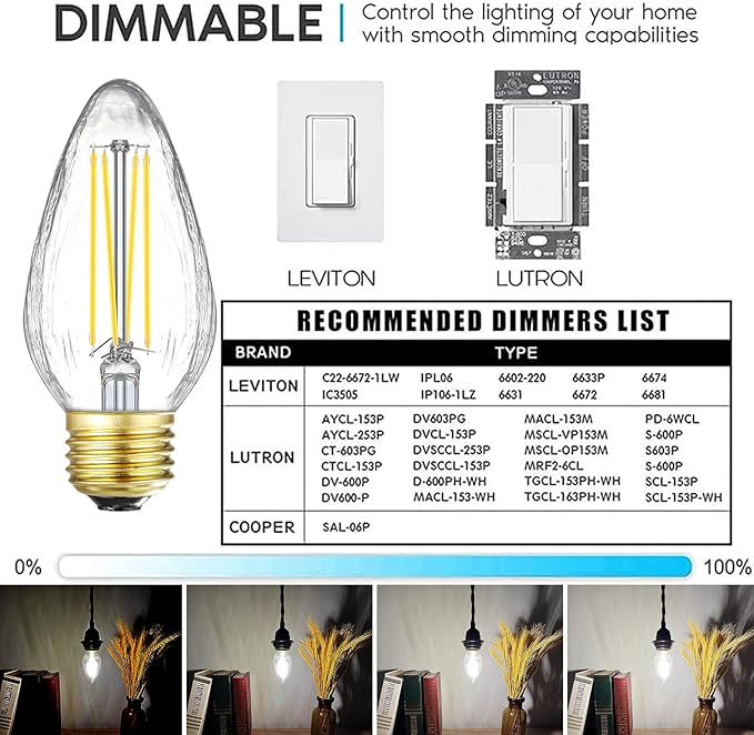 Leools E26 LED Bulb 8W Equivalent e26 led Bulb 100 Watt Dimmable Daylight 4000K E26 Edison Bulb AC120V 800lm Tubular F14 F45 LED Bulb for Pendant, Sputnik,Vanity,Chandeliers Pack of 6