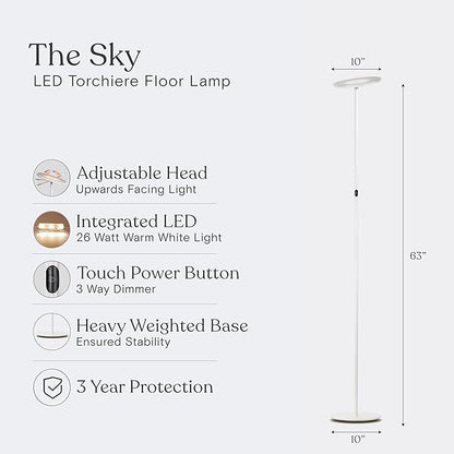 Brightech Sky LED Floor lamp, Torchiere Super Bright Floor Lamp for Living Room Decor & Office - Dimmable, Tall Standing Lamp with Warm Light for Bedroom & Reading - White