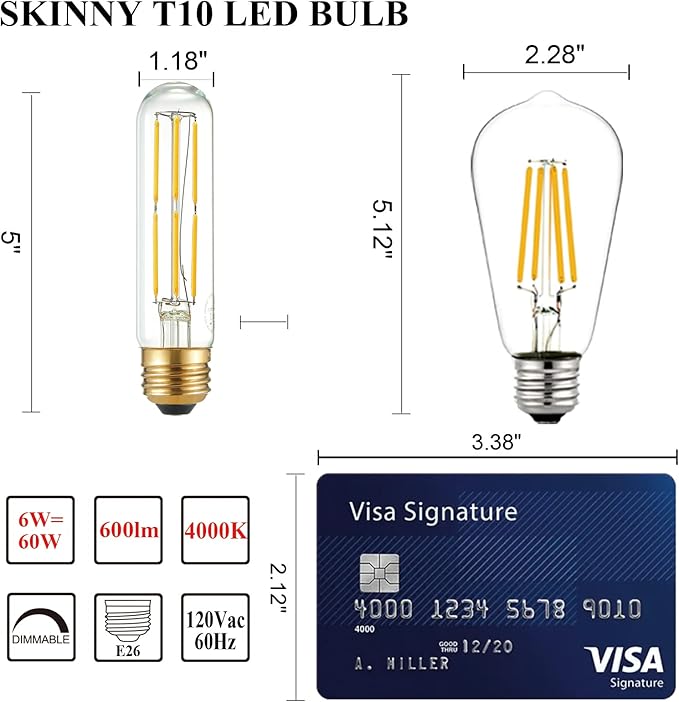 Arberlic 5 Inch Tubular Light Bulb,6W T10 LED Bulb Equivalent E26 led Bulb 60 watt dimmable,Neutral White 4000K,600lm,CRI85+,AC120V,Clear Glass Long E26 Edison Bulb,Flicker-Free,Pack of 6