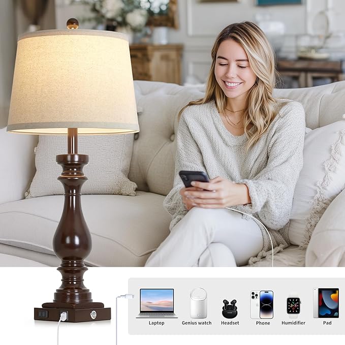 29" Farmhouse Brown Table Lamp for Living Room Set of 2,Vintage Bedside Nightstand Lamps with USB C+A Ports & AC Outlet,3-Way Dimmable Touch Retro Lamp for Bedroom,Dark Brown