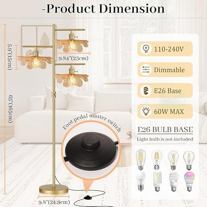 Gold Floor Lamps for Living Room Bedroom, Dimmable Tall Floor Lamp with Amber Glass Flower Shade, Mid Century Modern Standing Lamp for Office Corner Study