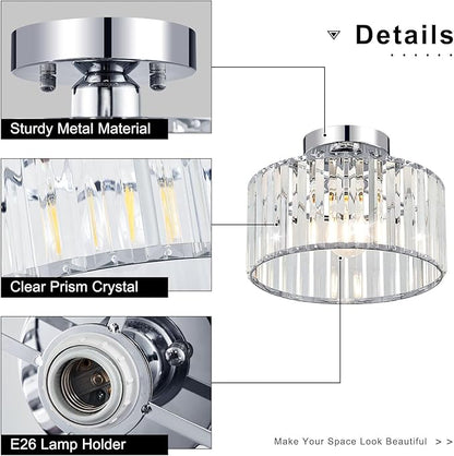 Crystal Chrome Semi Flush Mount Ceiling Light Modern Hallway Light Fixture Metal Close to Lamp for Entryway Bedroom(10.63 inch)