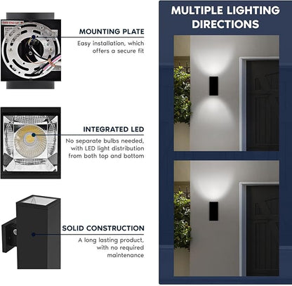 LUXRITE Dusk to Dawn LED Modern Outdoor Wall Lights, 12", Up or Up and Down Light, 3CCT 3000K-5000K, Waterproof Square Wall Sconce, 20/30/40W, Dimmable, IP65, ETL - Porch Patio Garage (2 Pack)