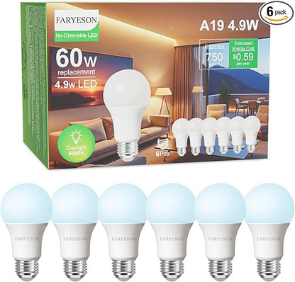 Ultra Efficient 60 Watt Light Bulbs Daylight White, A19 LED E26 Frosted Bulb 5000K 750 Lumens, 30000 Hrs Lifetime, Energy-Efficient 4.9W=60W, Low Heat, Flicker-Free, Non-Dimmable, 6 Pack