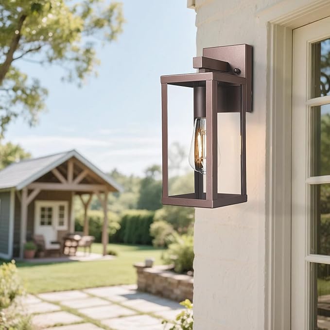 Outdoor Wall Light with Clear Glass, Anti-Rust Exterior Wall Sconce, Weather Resistant Outdoor Lantern, Exterior Lighting for Porch, Patio, Garage, Entryway (Oil-Rubbed Bronze, 13" Height-2 Pack)