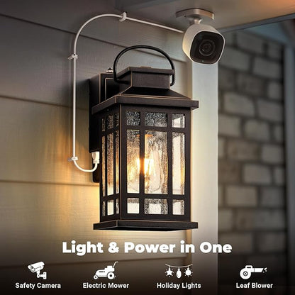 Porch Lights Outdoor with GFCI Outlet, Modern Oil Rubbed Bronze Exterior Lighting Fixtures with Gold Trim, Aluminum Waterproof Outdoor Light Fixtures Wall Mount for Garage, Garden, Entrance