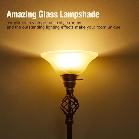 GyroVu Torchiere Floor Lamp for Living Room, LED Standing Reading Light for Bedroom with Glass Shade for Living Room Corner Bedroom Home Office,Bulbs Included (Yellow Lampshade, Glass 1 Head)
