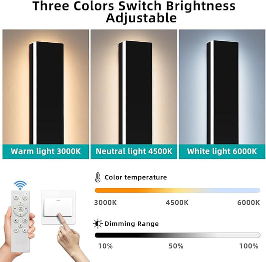 Upgrade Widened 2 Pack 23.6inch Outdoor Wall Sconce, 3000K-6000K Dimmable Modern LED Wall Mount Light, IP65 Waterproof, Black Exterior Lighting for House, Porch, Garage with Remote Control