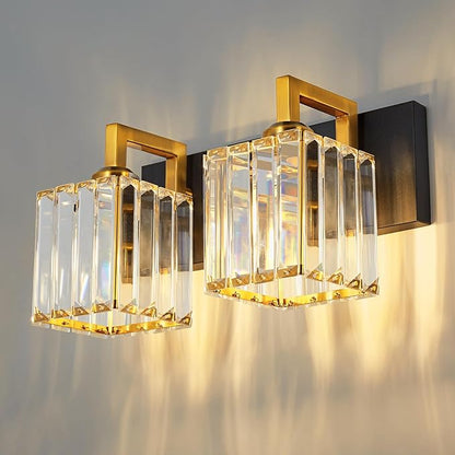 Modern Bathroom Vanity Light 2-Lights Black Gold Crystal Wall Lamp Bathroom Modern Crystal Vanity Lighting