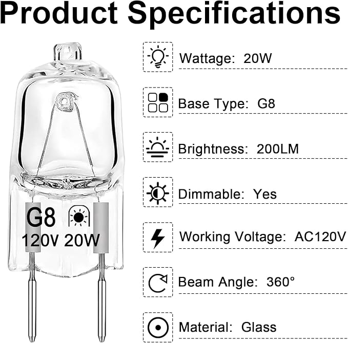 G8 Halogen Light Bulbs 20W 120V Under Cabinet Puck Lighting Replacements, T4 JCD Type G8 2Pin Base, 2700K Warm White, Dimmable, Pack of 12