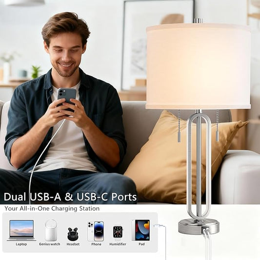 26.5’‘ Industrial Table Lamp Set of 2, Nickel Metal Bedside Lamp with USB C+ A Ports & Pull Chain, Modern Farmhouse Nightstand Lamp for Bedroom, Living Room, Home Office with White Shade