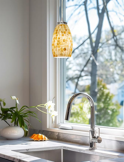 Kira Home Coast 9" Modern Oval Mini Pendant Light + Hand-Crafted Mosaic Sea Shell Glass, Brushed Nickel Finish/Neutral Color