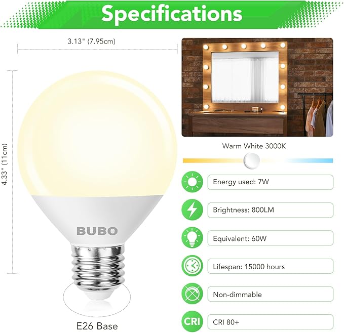 BUBO Vanity Light Bulbs 60 Watt Equivalent, Bathroom Light Bulbs Warm White 3000K, G25 Globe Round Bulb 800 Lumens, E26 Medium Base, 7W, Non-Dimmable, 12 Pack