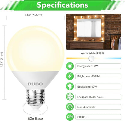 BUBO Vanity Light Bulbs 60 Watt Equivalent, Bathroom Light Bulbs Warm White 3000K, G25 Globe Round Bulb 800 Lumens, E26 Medium Base, 7W, Non-Dimmable, 12 Pack