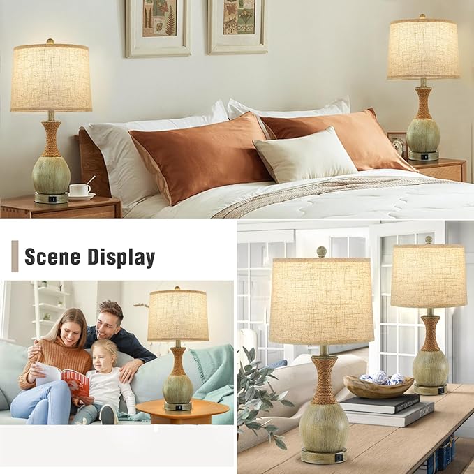 Bedside Table Lamp Set of 2 - Bedroom Table Lamps with Adjustable Color Temperatures - Boho Rattan Lamps with USB A+C Charging Ports Grey Farmhouse Living Room Lamps for Reading Bulbs Included