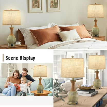 Bedside Table Lamp Set of 2 - Bedroom Table Lamps with Adjustable Color Temperatures - Boho Rattan Lamps with USB A+C Charging Ports Grey Farmhouse Living Room Lamps for Reading Bulbs Included