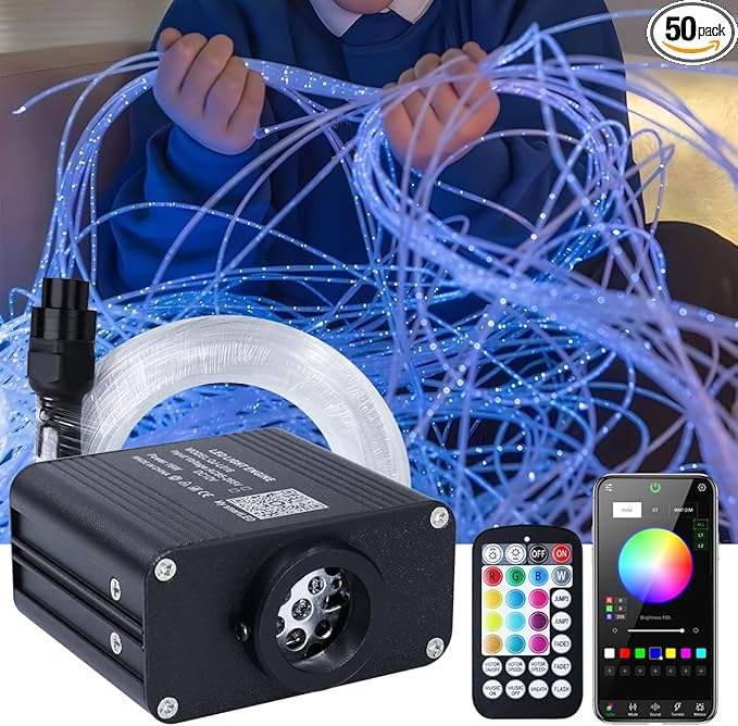 AZIMOM 50pcs 6.5ft Side Glow Fiber Optic Sensory Light for Autism Room,16w Twinkle&Sound Activated Light Box,Fiber Optic Curtain 3x0.75mm Flash Point Light Up Cable