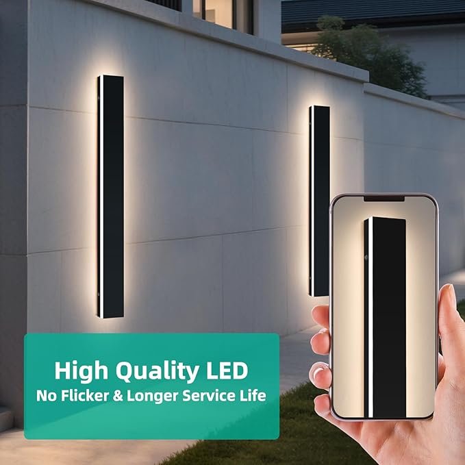 Upgrade Widened 2 Pack 47.2inch Modern Exterior Lighting Fixture, IP65 Waterproof Outdoor Wall Light, 3000K Warm White, 42W, Black Long Strip LED Wall Sconce for Balcony, Yard, Garage