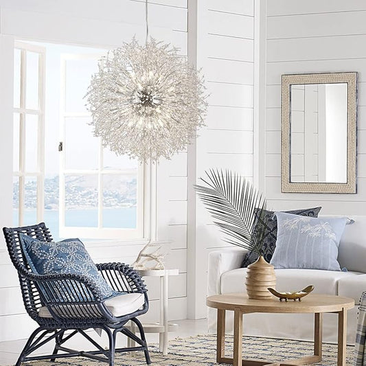Dandelion Crystal Chandeliers, 16-Light Large Chrome Fireworks Modern Crystal Chandelier, 80W Sputnik Pendant Light Fixtures for Living Room Bedroom Entryway