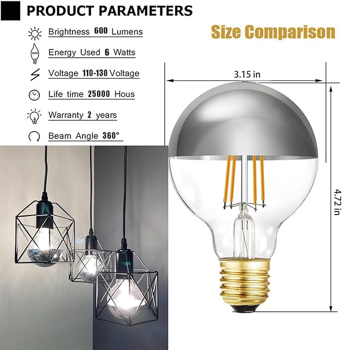 Half Chrome Light Bulb Dimmable 6W Anti Glare LED Light Bulbs 60 Watt E26 Silver Dipped Bulb 4000K Daylight G25 Globe Shape Decorative LED Bulbs G80 Bulbs for Bathroom,Vanity,Mirror,4 Pack
