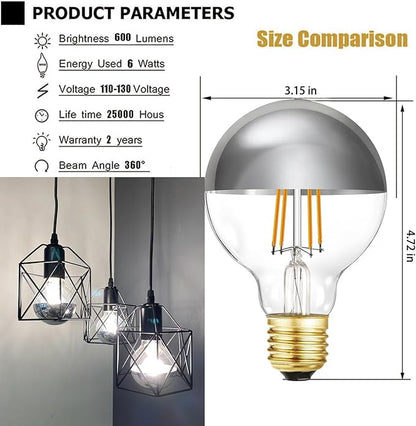 Half Chrome Light Bulb Dimmable 6W Anti Glare LED Light Bulbs 60 Watt E26 Silver Dipped Bulb 4000K Daylight G25 Globe Shape Decorative LED Bulbs G80 Bulbs for Bathroom,Vanity,Mirror,4 Pack