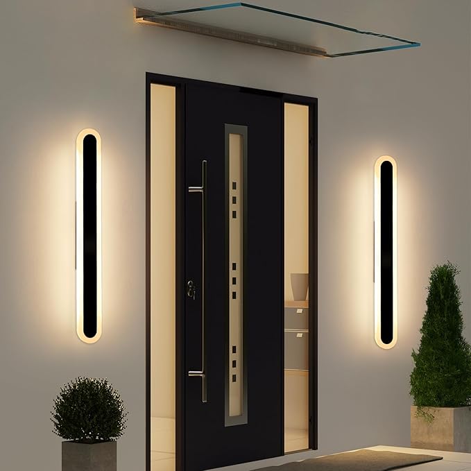2 Pack 31.4inch Long Linear Outdoor Wall Light, 3000K-6000K Dimmable Modern Wall Mounted Sconce, IP65 Waterproof, Black Oval Exterior Lighting Fixture for Garage, Patio, Porch, Garden