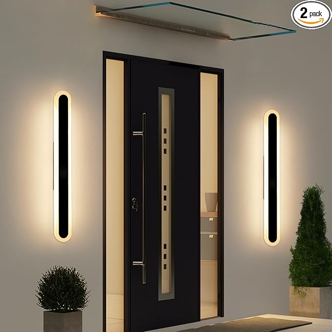 2 Pack 31.4inch Modern Exterior Wall Lights, 3 CCT 3000K/4500K/6000K, Long Oval Outdoor Wall Mount Sconces, 31W, IP65 Waterproof Minimalist Strip Led Lighting for House, Porch, Garage, Garden