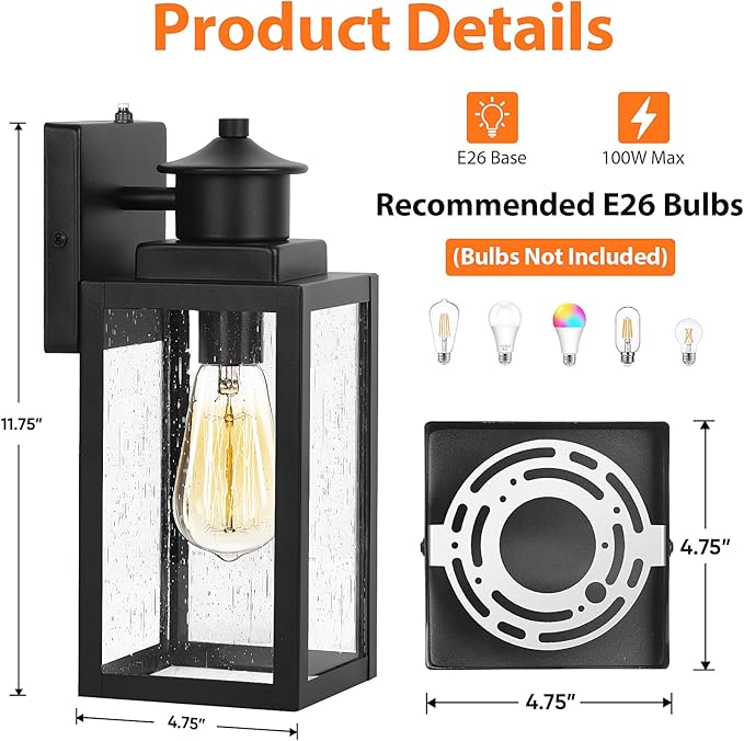 BesLowe 2-Pack Dusk to Dawn Outdoor Wall Lights, Modern Porch Lights Outdoor Sconces with Seeded Glass, Matte Black Exterior Lighting Fixtures Wall Mount, Outside Lights for House Front Door Garage