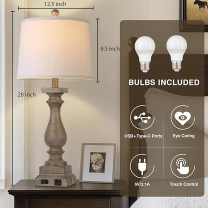 28" Tall Farmhouse Table Lamps Set of 2 with USB C+A Ports and AC Outlet, 3 Way Touch Control Rustic Bedside Lamp for Bedroom, Brown Vintage Nightstand Lamp for Living Room Office