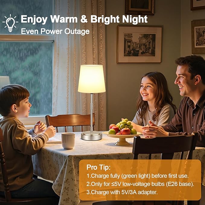 Cordless Table Lamps Set of 2 – Battery Operated Lamp with 7500mAh Rechargeable Battery, Stepless Dimmable Vintage Brushed Nickel Touch Desk Lamps for Dining Room, Nightstand & Patio (Bulbs Included)