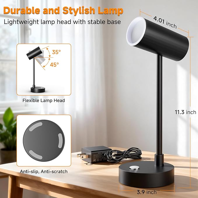 ShineTech Adjustable LED Eye-Caring Desk Lamp, Dimmable Stepless Brightness, 3 Color Modes, Touch Nightstand Lamp for Home Office, Study, Bedroom, Black